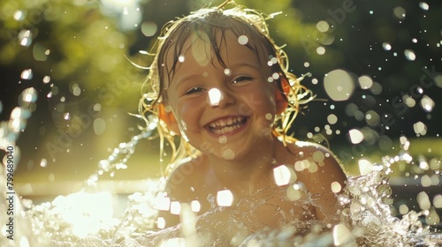 A young child giggles as she splashes in a small spring the droplets sparkling in the sunlight.