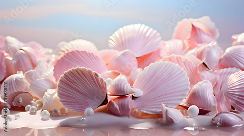 seashells on the beach with blue sky