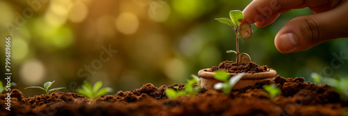 A nurturing hand holds a coin above a small sapling growing from fertile soil photo