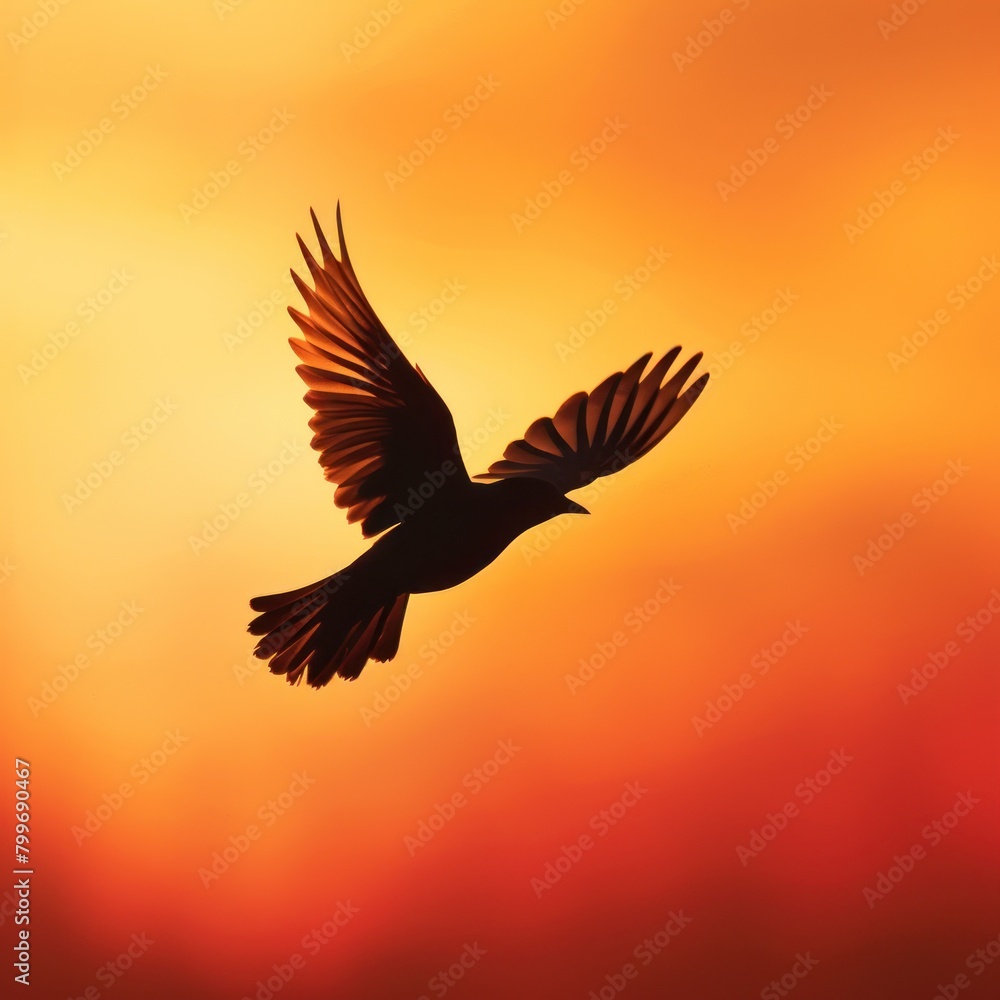 Fototapeta premium The silhouette of a bird in flight is captured against the vibrant orange backdrop of a setting sun, symbolizing freedom and grace.