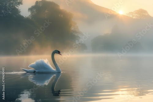 A solitary swan glides peacefully on a mist-covered lake bathed in the warm golden light of sunrise  creating a serene landscape.