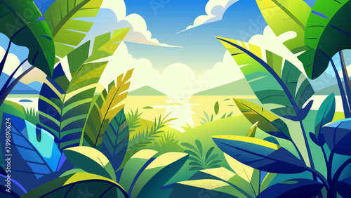 fondo de hojas en varios tonos verdes y amarillos con una imagen vectorial de la luz del día. Selva intransitable. Ilustración de la hermosa naturaleza del planeta. Proteger el planeta de la basura.