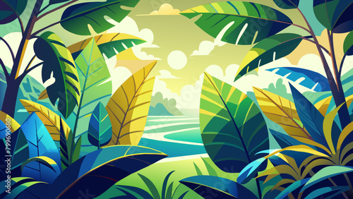 fondo de hojas en varios tonos verdes y amarillos con una imagen vectorial de la luz del día. Selva intransitable. Ilustración de la hermosa naturaleza del planeta. Proteger el planeta de la basura.