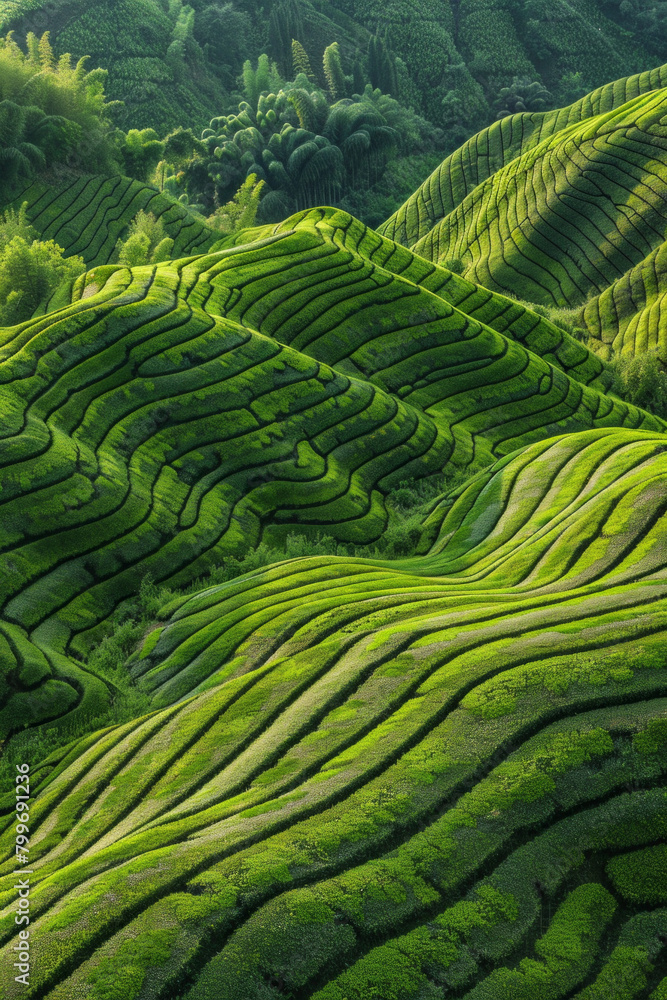 An aerial view of the lush green tea fields with intricate patterns and textures created by rows upon rows of tea plants. An aerial view of the lush green tea fields with intricate patterns and textures created by rows upon rows of tea plants.