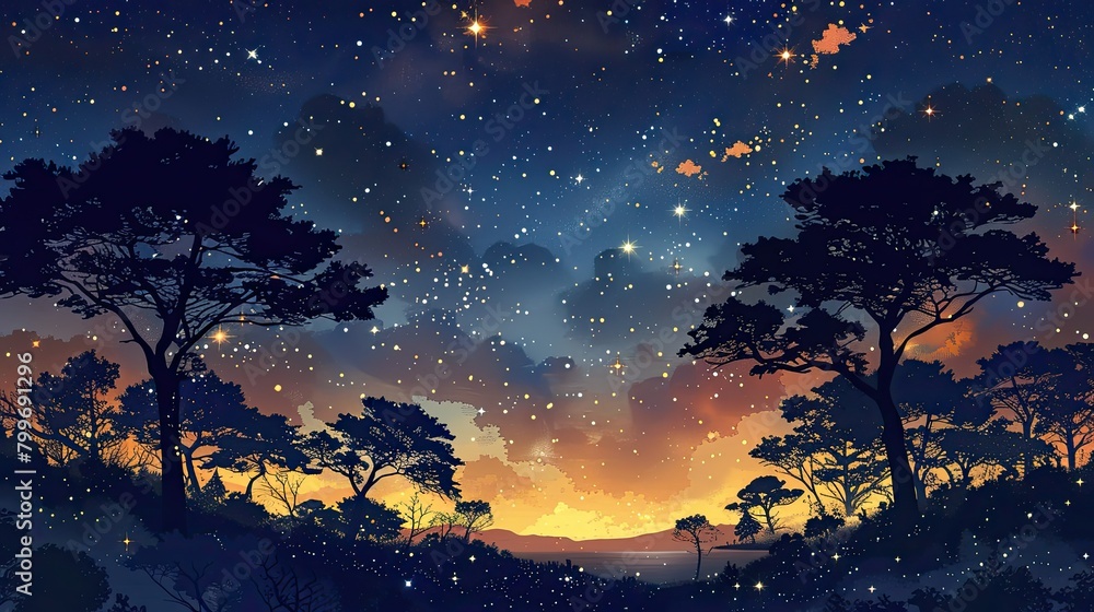 Fototapeta premium A star filled night sky above a tranquil landscape, with silhouetted trees framing the scene
