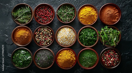 Set of colored spices in bowls and herbs on a black stone background, View from above, Top view