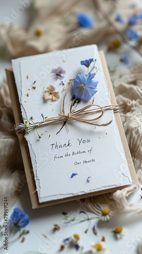 Handmade paper thank you card mockup, An exquisite handcrafted thank you card adorned with pressed wildflowers and rustic twine, expressing heartfelt gratitude.