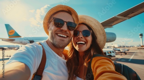 happy tourist couple taking a selfie before bording a plane photo
