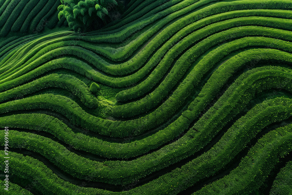 An aerial view of the lush green tea fields with intricate patterns and textures created by rows upon rows of tea plants. An aerial view of the lush green tea fields with intricate patterns and textures created by rows upon rows of tea plants.