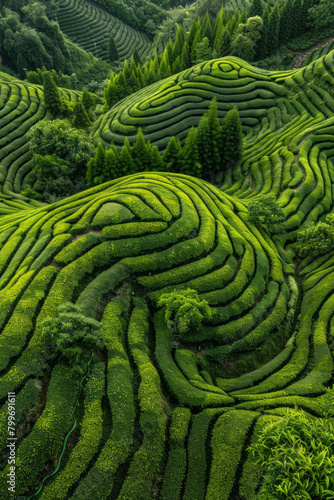 An aerial view of the lush green tea fields with intricate patterns and textures created by rows upon rows of tea plants. 