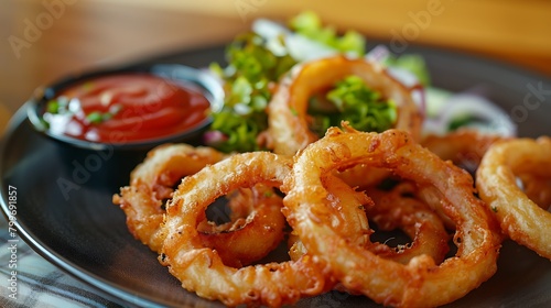 A plate of crispy onion rings served with tangy barbecue sauce