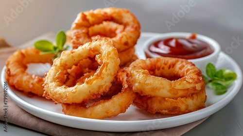 A plate of crispy onion rings served with tangy barbecue sauce