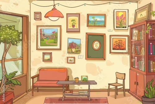 Cartoon cute doodles of a cozy corner in a bookstore transformed into a mini art gallery, featuring local artists' paintings and illustrations, Generative AI photo