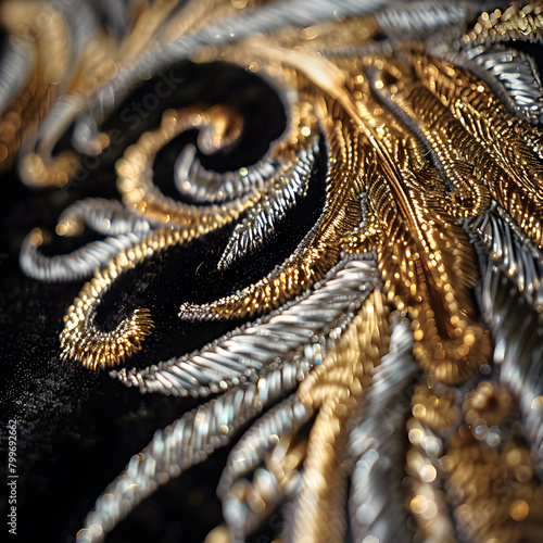 A close up of a gold and silver feathery design. The gold and silver feathers are intricately woven together, creating a beautiful and detailed pattern. The design appears to be a work of art