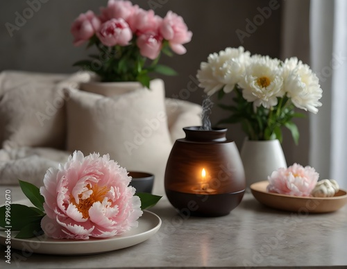 Interior design with aroma diffuser and peony flower on table.