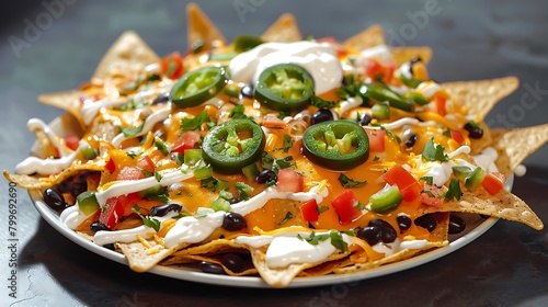 A plate of cheesy nachos with jalapenos, black beans, and sour cream