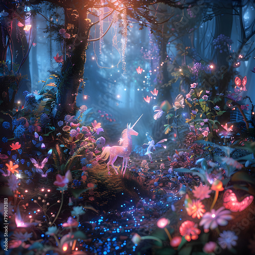 A fantasy scene with a unicorn and a fairy in a forest. The unicorn is surrounded by flowers and butterflies  and the fairy is flying nearby. Scene is whimsical and magical  with the bright colors