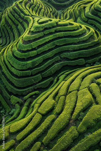 An aerial view of the lush green tea fields with intricate patterns and textures created by rows upon rows of tea plants. 