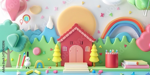  3d cute children s school  white color background  natural features  cheerful color classification  intricate details