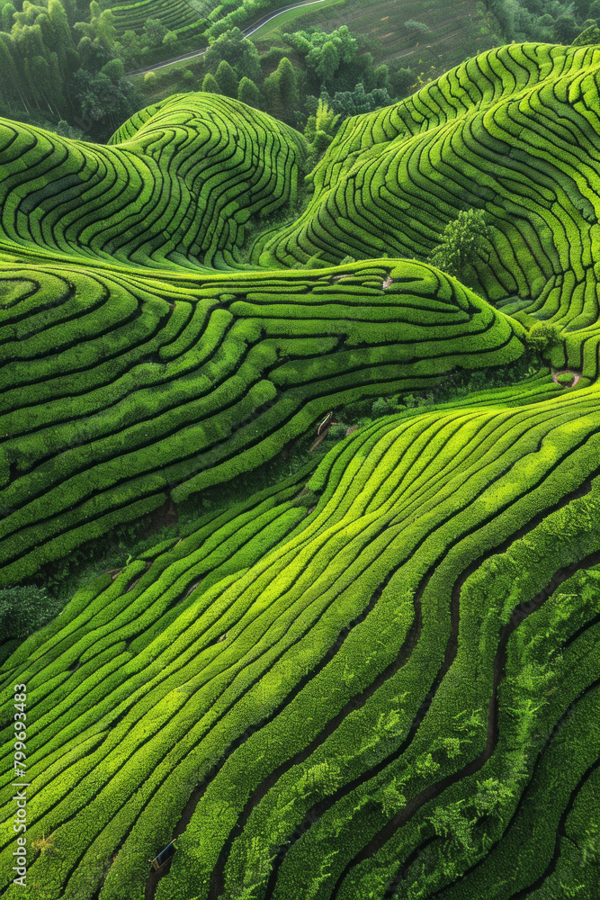 Fototapeta premium An aerial view of the lush green tea fields with intricate patterns and textures created by rows upon rows of tea plants. 