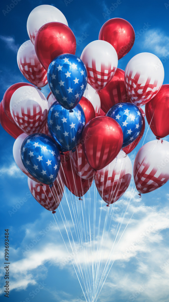 American flag balloons soaring, providing a dynamic and cheerful background suitable for festive promotions and events American flag balloons soaring, providing a dynamic and cheerful background suitable for festive promotions and events
