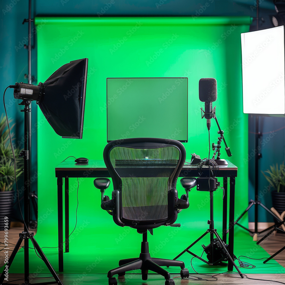 Compact green screen setup, ideal for home studios and personal broadcasting, offering a clean slate for creative projects