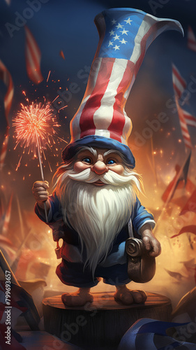 Concept Art of Festive gnome with American flag, celebrating July 4th, vibrant and clear festive setting.