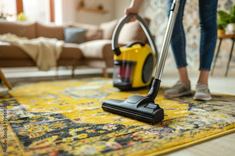 Home Cleaning Routine: Woman Using Vacuum Cleaner on Living Room Carpet