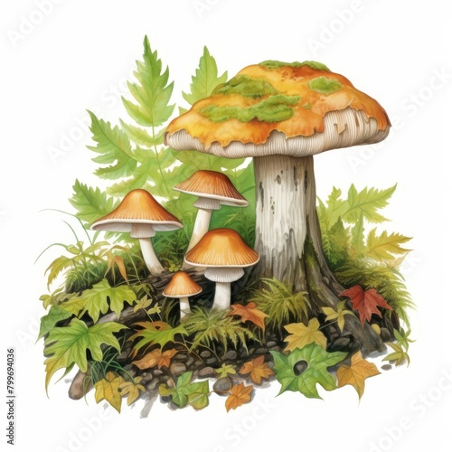 Forest Floor, Mushrooms nestled among fallen leaves and moss