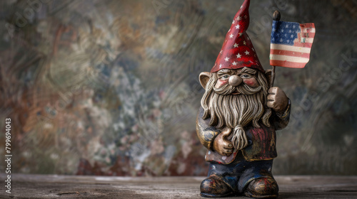 Illustrate Patriotic gnome clutching a small American flag, adorned in red, white, and blue, suitable for Independence Day celebrations