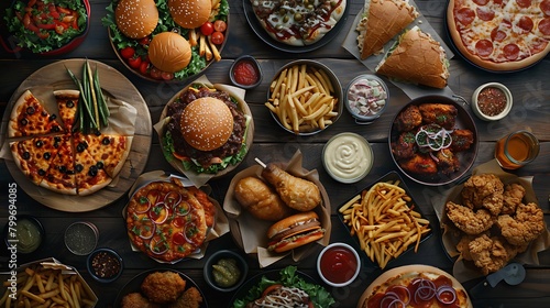 Table scene with large variety of take out and fast foods, Hamburgers, pizza, fried chicken and sides, Above view on a dark wood background