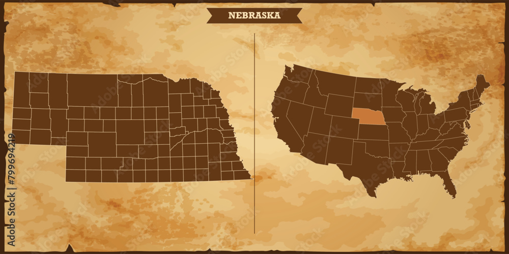 Nebraska state map, United States of America map with federal states in A vintage map based background, Political USA Map
