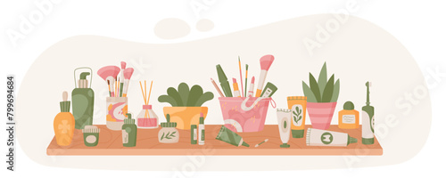 Flat natural makeup product tube and tool composition, colorful organic skin care product collection with plants, cartoon cosmetic shampoo bottle and trendy antiaging beauty oil jar at the shelf.