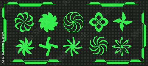 Cyber geometry acid spiral shape design set, space trippy twirl symbol vector, retro groovy star sparkle element collection, green neon y2k vortex sign aesthetic, geometric 90s swirl icon graphic,