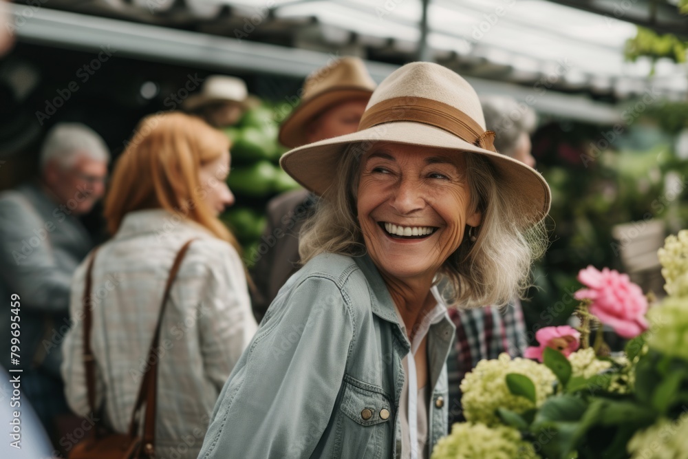 Smiling senior woman wearing straw hat and looking at camera while standing in front of her friends at a farmers market