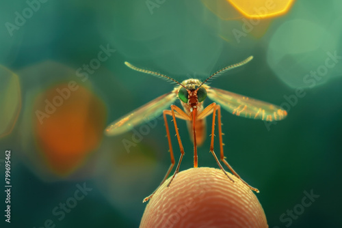 Mosquito on a finger, mosquito on skin, close-up of mosquito on a human