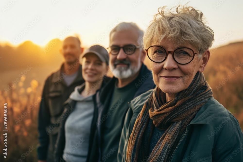 Group of senior friends on a walk in the field at sunset. Group of senior friends on a walk in the field at sunset.