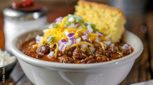 A bowl of chili topped with shredded cheese and diced onions, served with a side of cornbread
