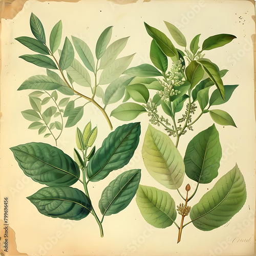 botanical composition with green leaves and flowers, including a small white flower and a large gre