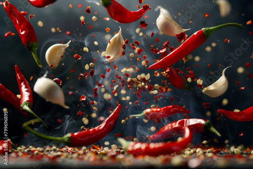 Chili and garlic splash and flying in the air