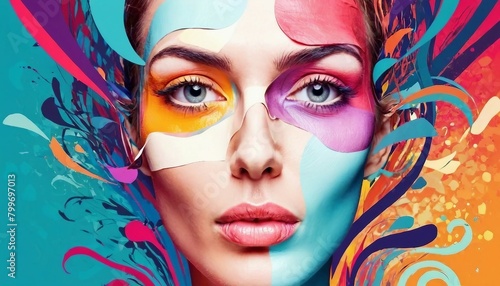 Abstract portrait-inspired background with distorted facial features and surreal elements.