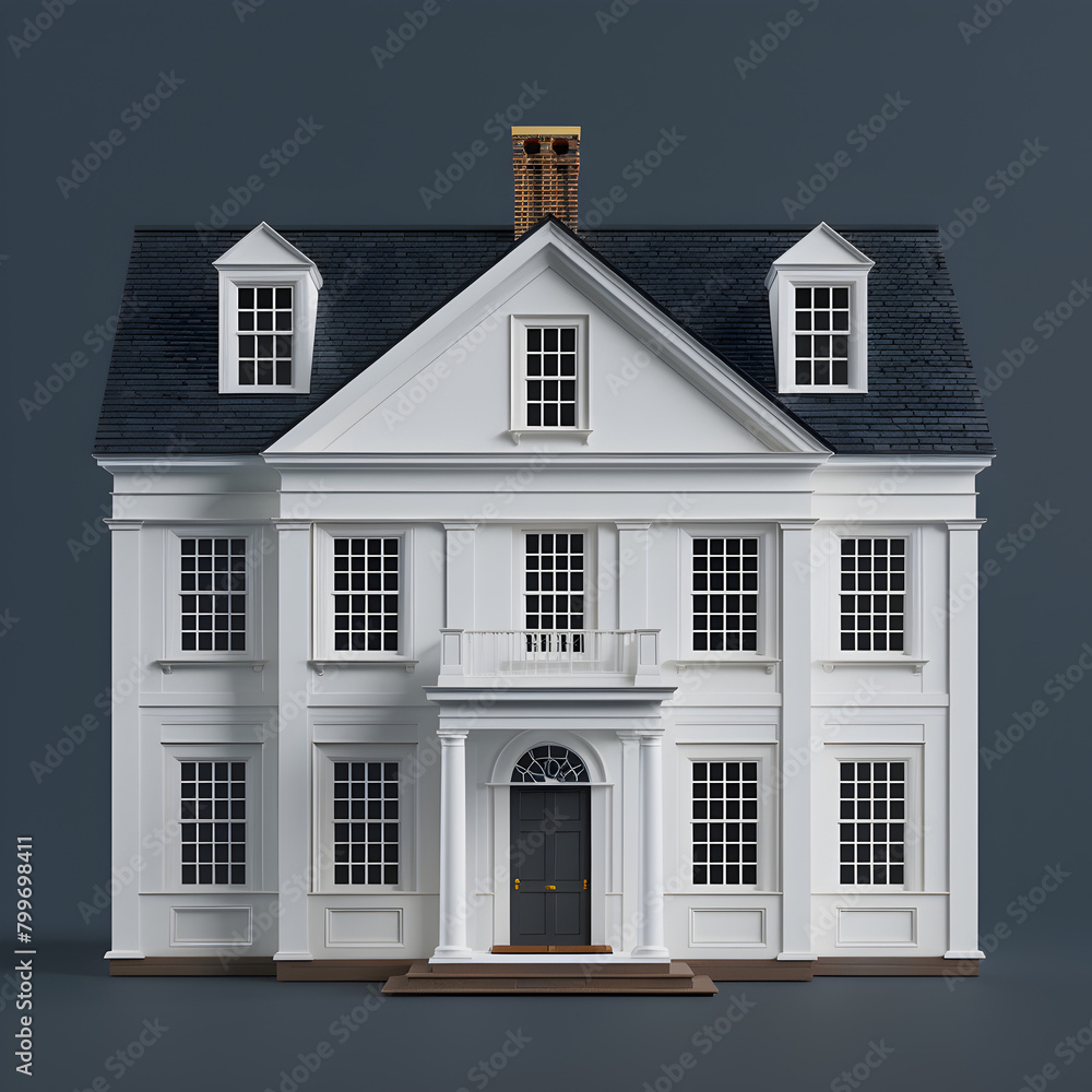 A large white house with a black roof and a chimney. The house is very well-maintained and has a classic design A large white house with a black roof and a chimney. The house is very well-maintained and has a classic design