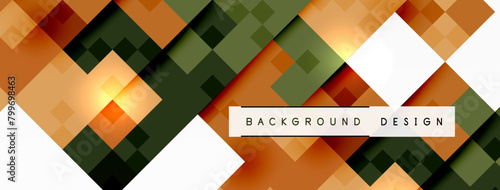 A colorful background design featuring rectangles, triangles, lines, and patterns in shades of magenta. The symmetrical layout creates a visually appealing floor of unique shapes and fonts