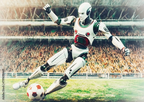 スポーツの概念でスタジアムでサッカーをする人型ロボット	