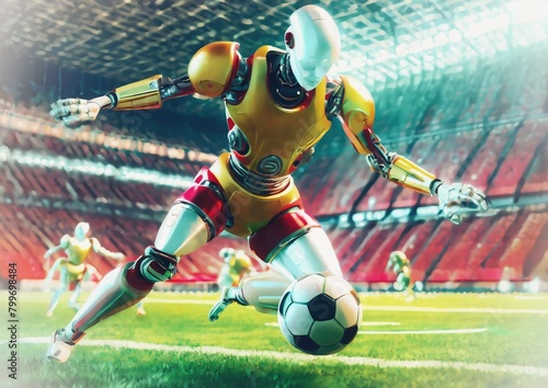 スポーツの概念でスタジアムでサッカーをする人型ロボット	