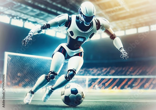 スポーツの概念でスタジアムでサッカーをする人型ロボット	 photo