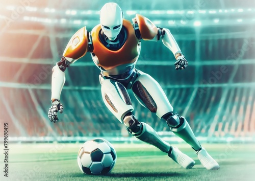 スポーツの概念でスタジアムでサッカーをする人型ロボット	 photo