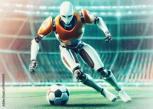 スポーツの概念でスタジアムでサッカーをする人型ロボット	