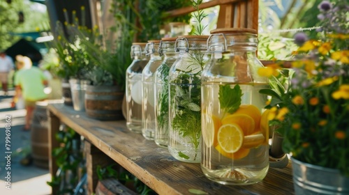 A rustic booth decorated with herbs and es showcasing homemade infused water.