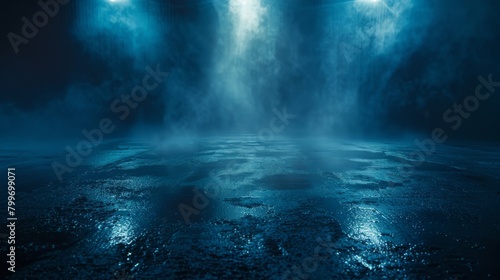 Dark street reflections of rays in the water. Abstract dark blue background with smoke. Empty dark scene, neon light, Concrete floor for advertisement 